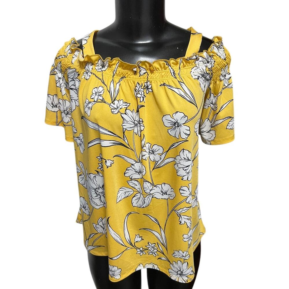 Large PerSeption Concept Floral Off Shoulder Womens Shirt Yellow